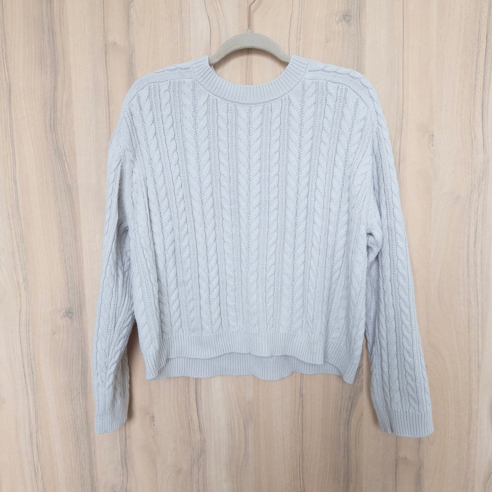 Tahari Womens Cable‎ Knit Sweater Large Light Gray Preppy Minimalist Fisherman